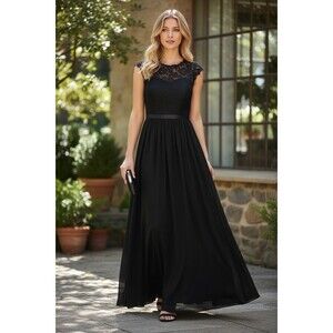 NWT MIUSOL XL Black Lace Maxi Dress Formal Evening Wedding Guest Cap Sleeve Dark